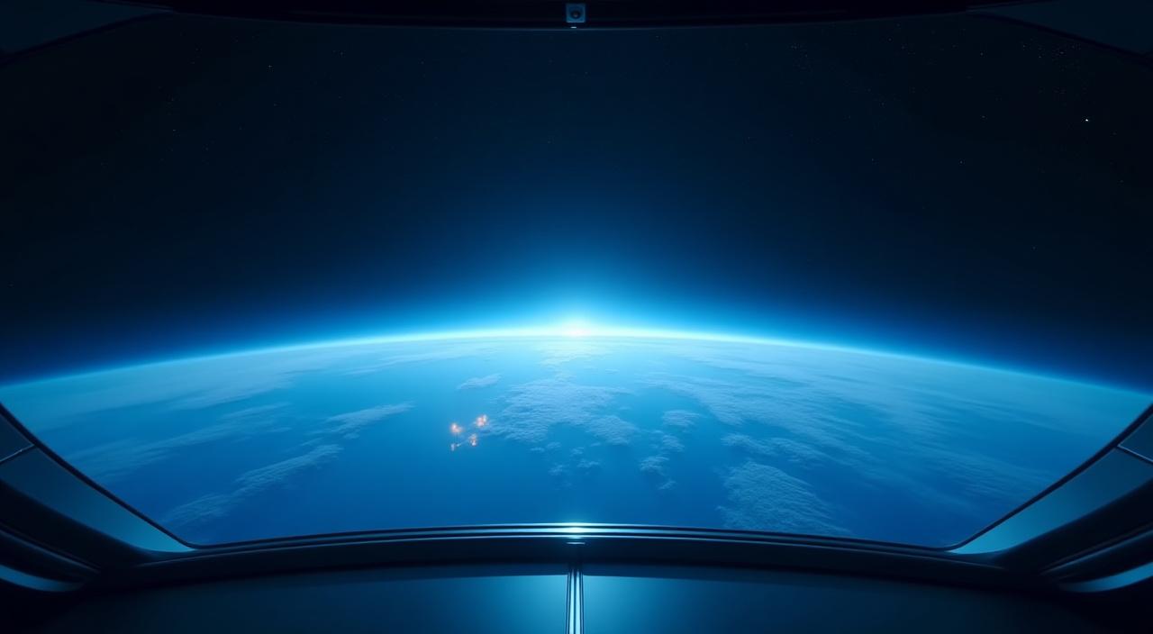 Panoramic orbital view from a luxury space suite window